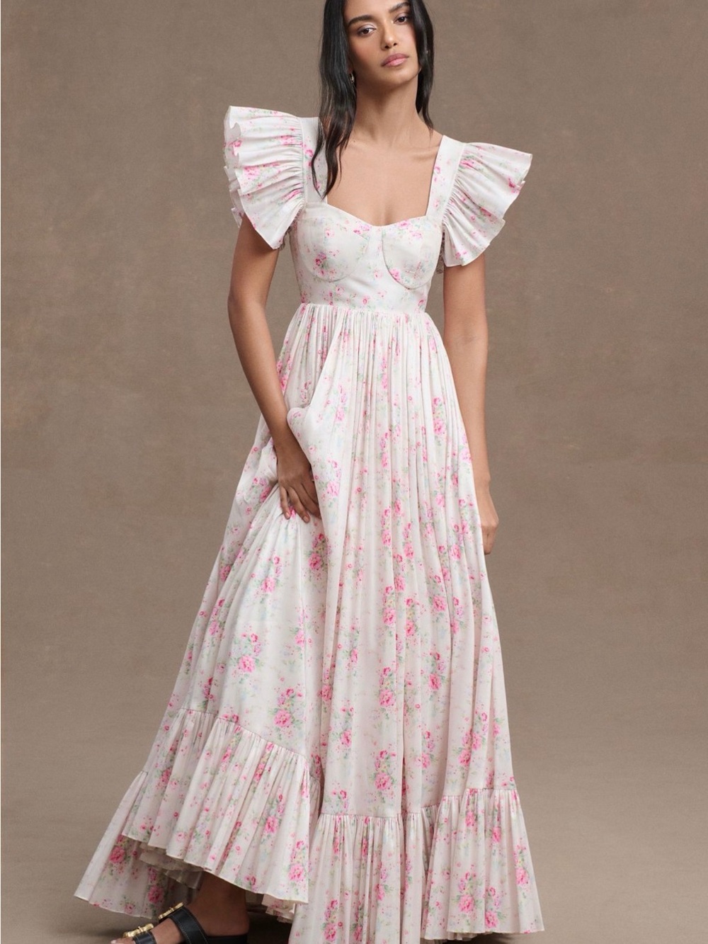 Maison Amory French Chateau Floral Flutter-Sleeve Gown